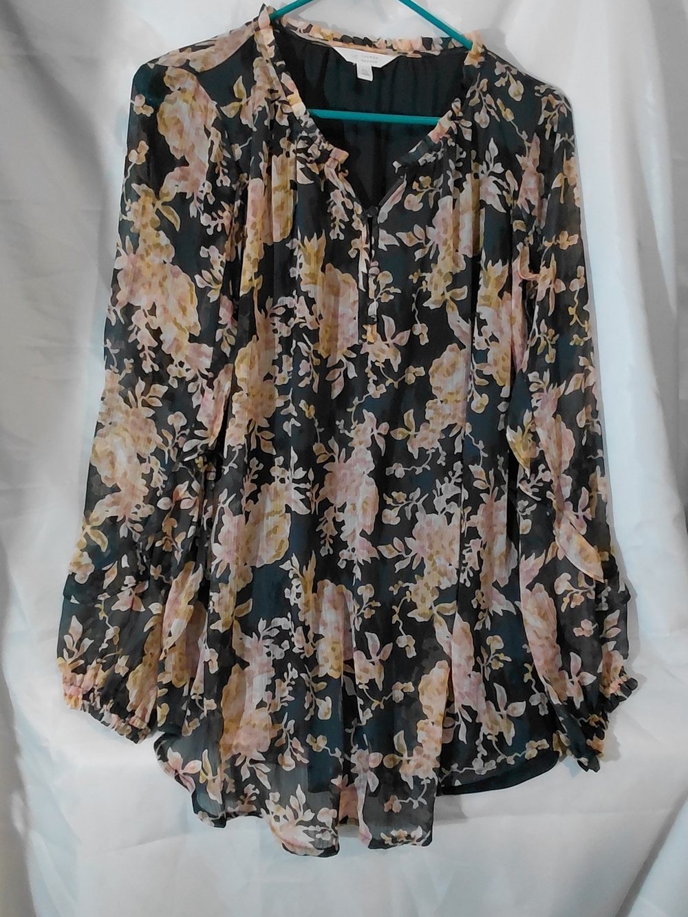 LC Lauren Conrad Black Floral Blouse with Pink & Cream Blooms